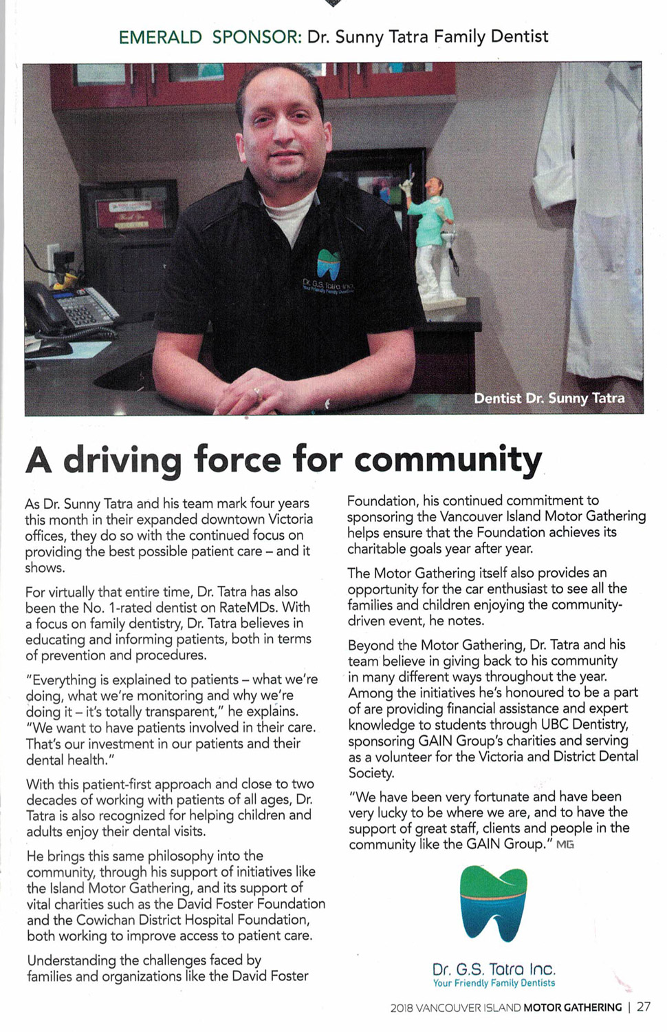 Victoria Dentist supports community-Dr G.S. Tatra